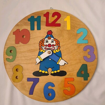 Vintage 1987 Wooden Round Clown Clock Puzzle Set 12 pcs 11'' Numbers Sorting Time