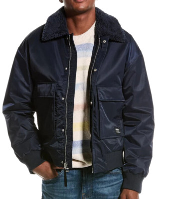 HUDSON Jeans Water Repellent Faux Shearling Collar Bomber Jacket MED. Blue $238