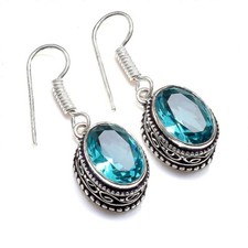 Swiss Blue Topaz Gemstone Handmade 925 Sterling Silver Jewelry Earring Sz 1.2''