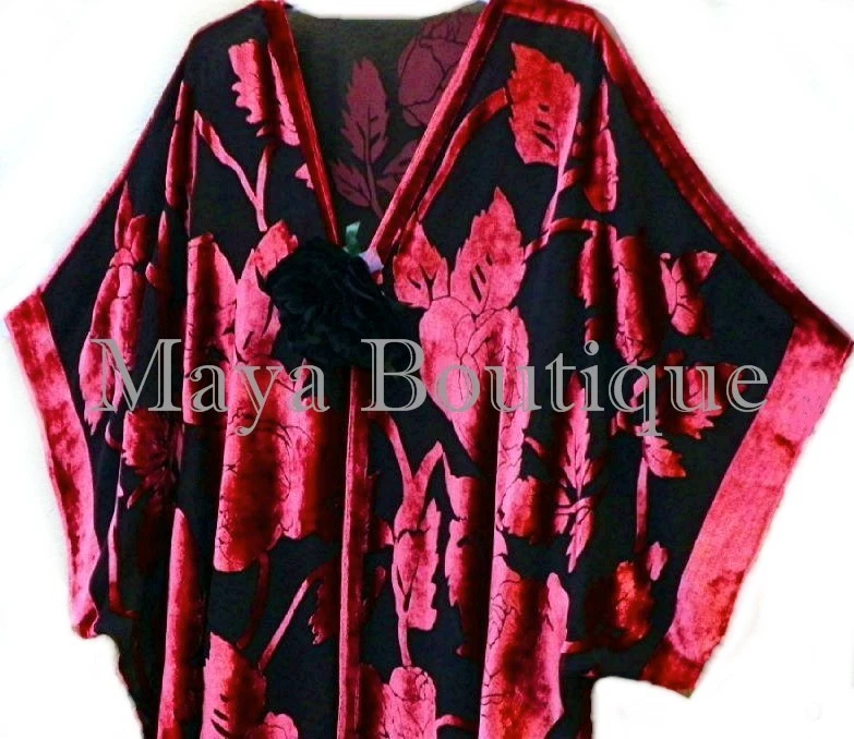 Silk Burnout Velvet Jacket Kimono Duster Red & Black No Fringe Maya Matazaro  - Image 2 of 4