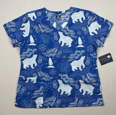 Zoe + Chloe Polar Bear Scrub Top Size Large Snow Flakes Holiday Xmas Blue NWT