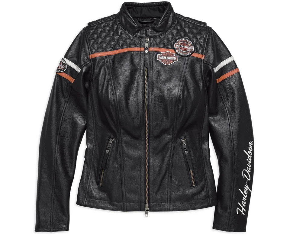 Harley-Davidson® Women’s Black Leather Motorcycle Jacket with Stripes - Image 2 of 4