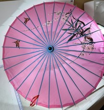 Vintage Hand Painted Japanese Chinese Bamboo Wood Umbrella Parasol 23  Long