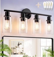 4 Light Bathroom Fixture, Black Vanity with Clear Glass Shade, Modern E26 Bulbs