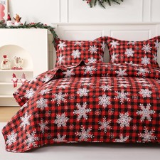Stylish King Size Red Buffalo Plaid Quilt Set - 3 Piece with Snowflake Design