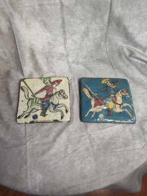 Two Antique Persian Tiles, Both Show Archer On Horse W/Tiger Early 19th Century 