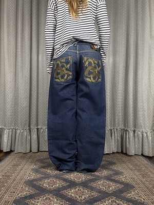 Evisu Baggy Jeans Y2K Vintage Dark Wash Gold Seagull Wide Leg 36
