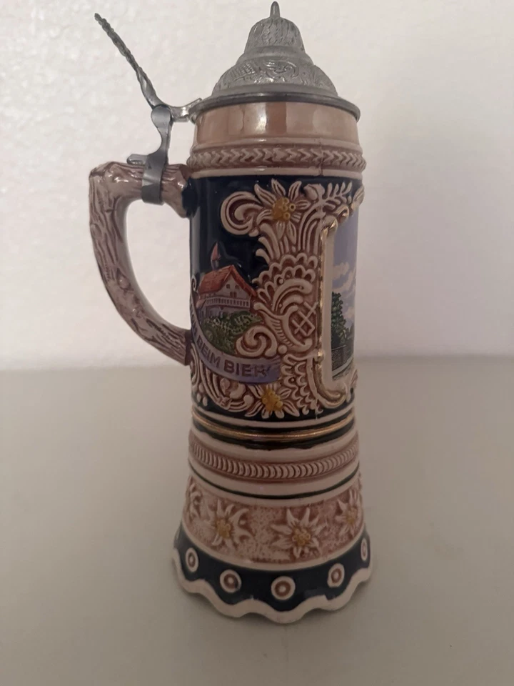 Taza de cerámica vintage alemana Stein Ramstein Pfalz con tapa de peltre coleccionable Foto 3 de 4
