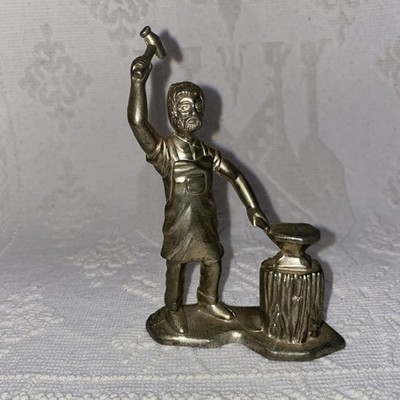 Vintage Metallguss Hammer schwingender Schmied mit Amboss Figur Ornament 4,5 Zoll