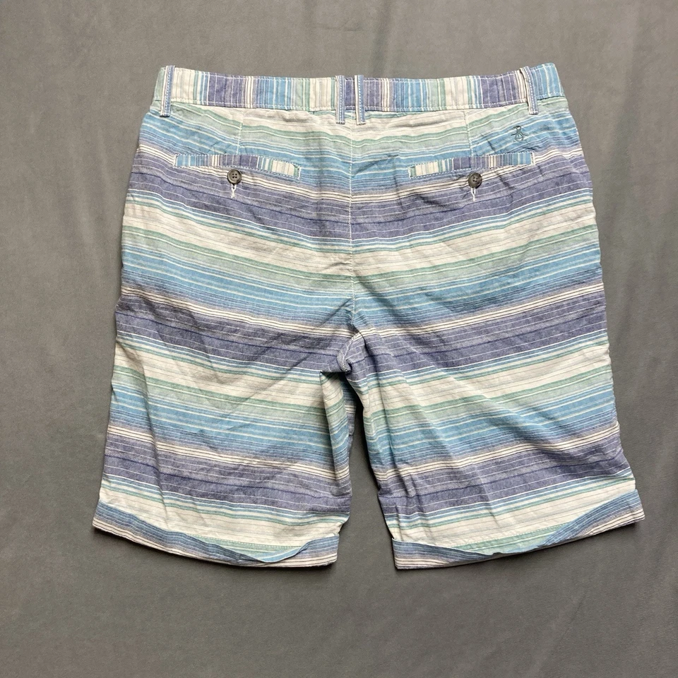 Penguin Shorts Mens 34 Blue Purple Green Stripe Chino Preppy Beach 9" Inseam - Image 2 of 4