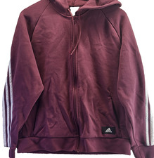 Adidas Hoodie Boys Kids Large Maroon Full Zip Striped Sleeve Pocket Cotton Blend