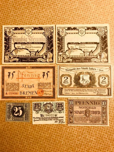 7 Notgeld Scheine Plön Bremen Labes Hanau Deutschland Germany emergency notes
