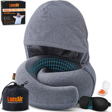 Hooded Travel Pillow - Memory Foam Neck Support with Light-Block Design