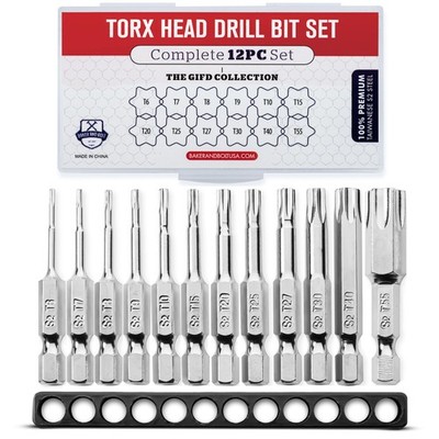 Torx Head Drill Bit Set 12pc w/Case T6-T55 1/4in Hex Shank Magnetic Security Kit