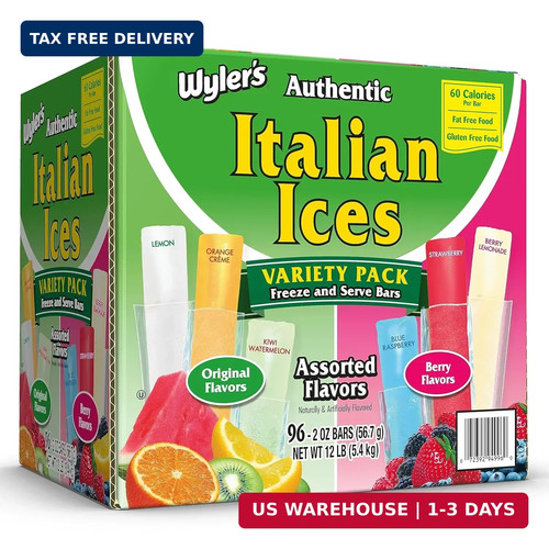 Authentic Italian Ice, Fat Free Freezer Bars, Assorted Flavors (96ct - 2oz bars)