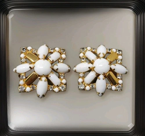 Vintage HOBE White Milk Glass Rhinestone Gold tone Clip Earrings