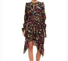 Walter Baker Andrea Dress Medium Floral Asymmetric Handkerchief Long Sleeve Navy