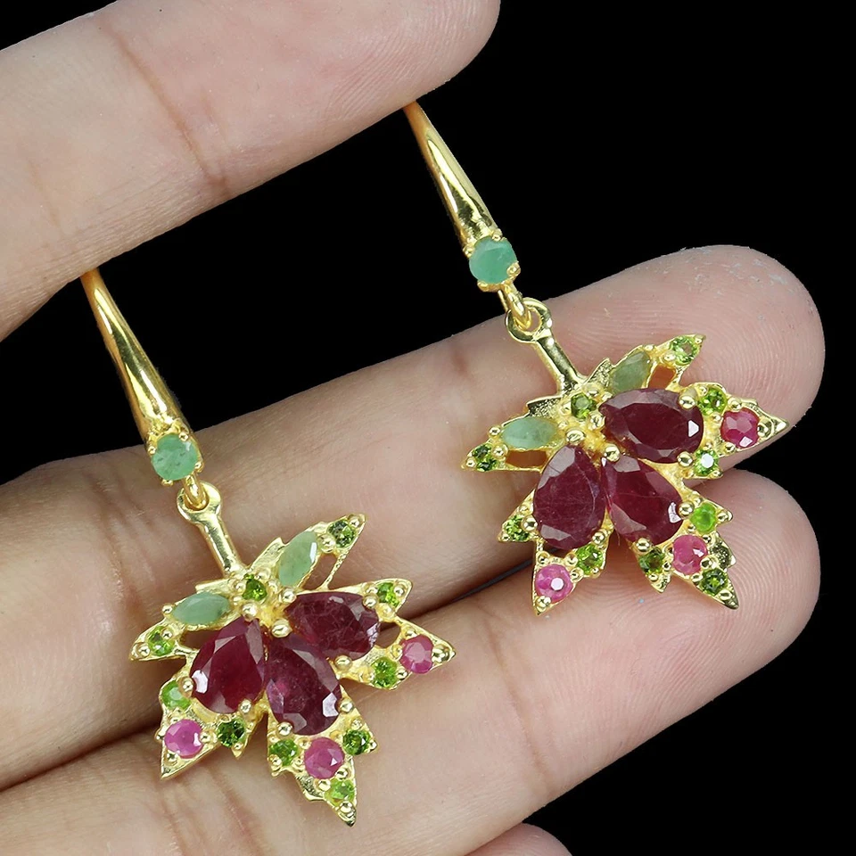 925 Sterling Silver Earrings Pear Ruby 6x4mm Emerald Natural Gemstone Jewelry - Image 2 of 4