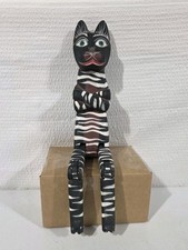 Vtg Hand Carved Wooden Dangle Leg Cat Shelf Sitter Folk Art Black White Striped 