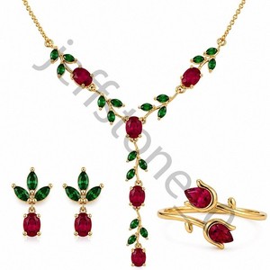 Authentic 15Ct Oval Lab-Created Garnet NecKlace & Earring & Ring Set 14KYellow Gold Plated
