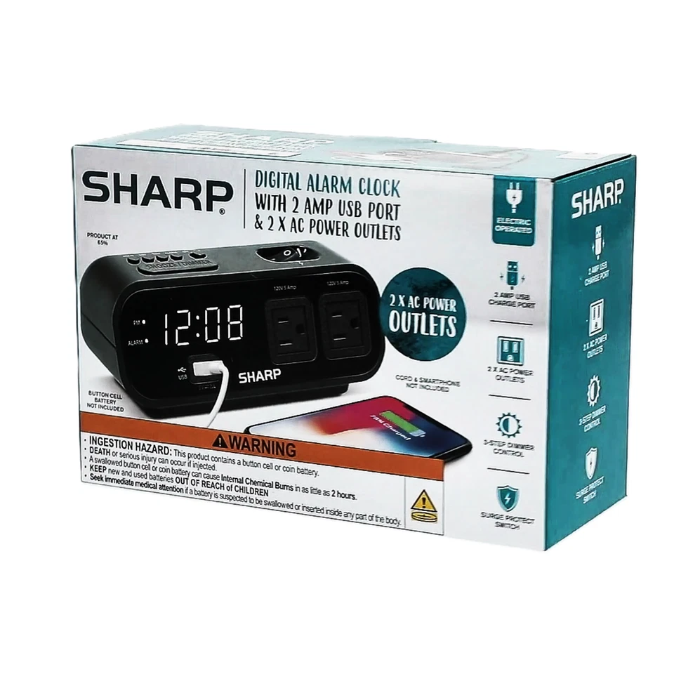 SHARP LED Digital Alarm Clock, 2 AMP fast Charge USB Ports & 2 AC Power Outlets - Image 3 of 4