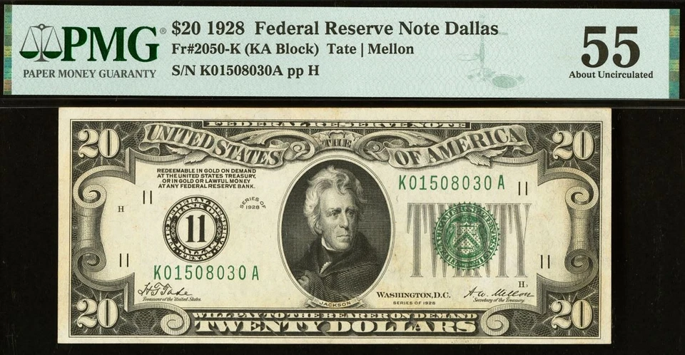 1928 $20 Federal Reserve Note PMG 55 - Redeemable in Gold - Dallas - Fr 2050-K - Image 3 of 4