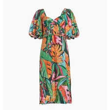 NWT Farm Rio Banana Foliage Puff-Sleeve Cotton Voile Midi-Dress - Large