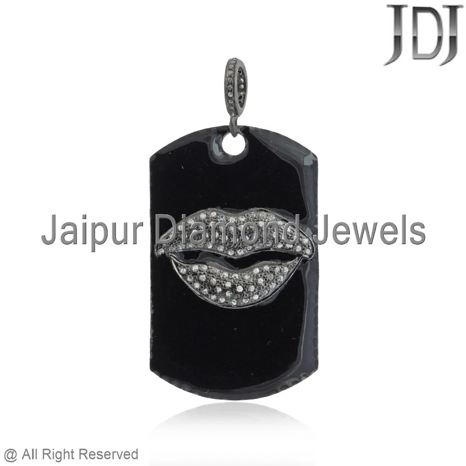 Etiqueta Dije Pavé Natural Diamante Plata 925 Esmalte Joyería Hecho a Mano Labios Colgante Foto 2 de 4