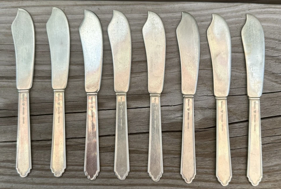 Juego de 8 cuchillos de mantequilla de plata de ley Lunt William and Mary Treasure 1921 Foto 4 de 4