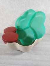 Tupperware Beige Chip n Dip Server w/Divided Green Lid #4624 & 2 Dip Bowls w/Lid