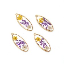 4PCS Gold Tone Real Dried Flower Resin Marquise Pendant Supply GBY1107