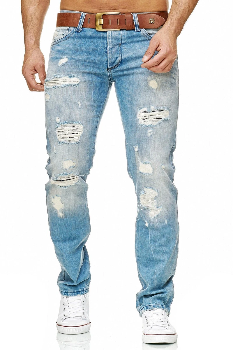 Men's Jeans Denim Jeans Trousers Destroyed Regular Fit Light Blue Used Redbridge