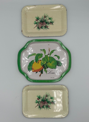 Vintage Snack Trinket Tip Trays Set of 3 Pine Tree Print x2, Lemon Tree print x1