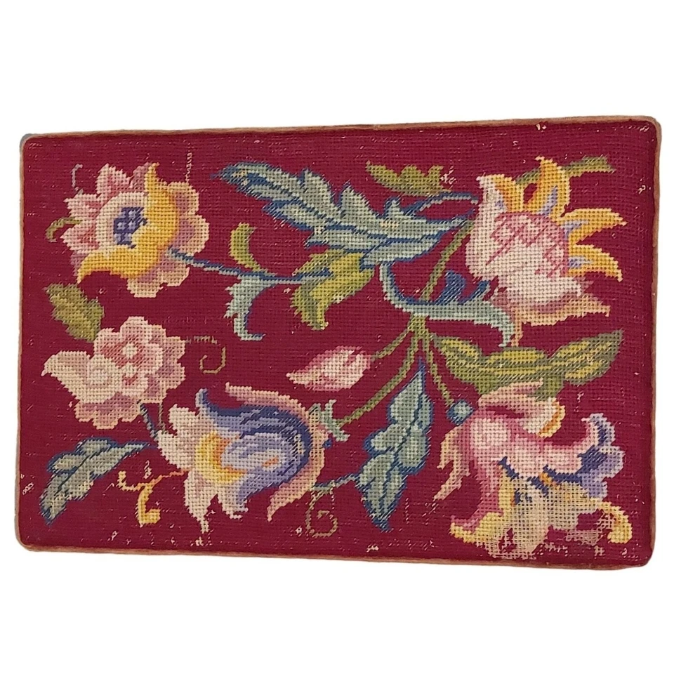 Vintage Floral Needlepoint Footstool with Velvet Sides & Solid Wood Legs - Image 3 of 4