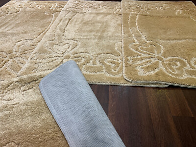 RÖMISCHES WASCHBARES SUPERDICKES SCHLEIFEN-DESIGN 4-TEILIGES SET BEIGE/KEKS ANTIRUTSCHMATTEN/TEPPICHE
