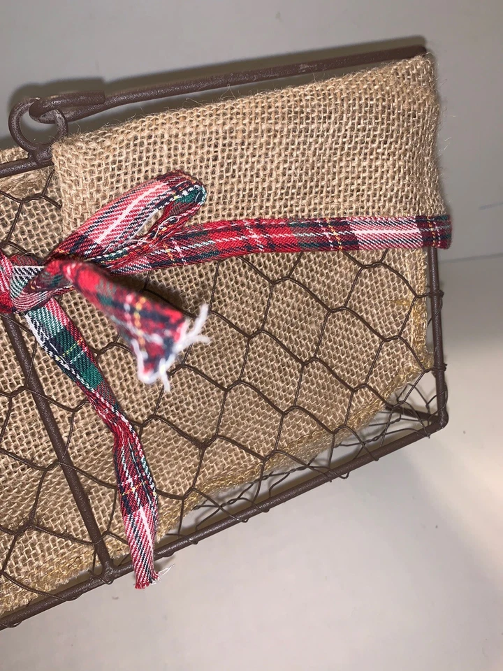 ASHLAND Wire Rectangular Handle Basket Jute Lining Plaid Bow NWT Christmas Decor - Image 3 of 4