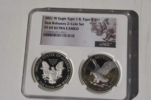 2pc Set - 2021 $1 T-1, T-2 PF 69 Ultra Cameo American Silver Eagle