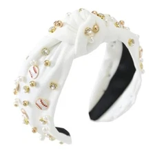 Baseball Headbands for Women Pearl Crystal Knotted Headband Baseball White