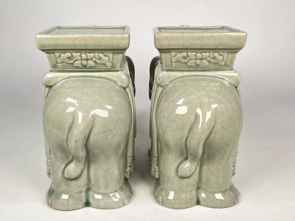 Par de suportes de plantas de elefante celadon porcelana Hollywood Regency década de 1950 Chinoiserie - Imagem 3 de 4