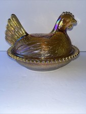 Vintage Indiana Glass Amber Carnival Hen On N...