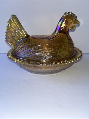 Vintage Indiana Glass Amber Carnival Hen On Nest Iridescent 7 