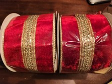 NEW Red Wired Velvet Ribbon w/ Gold Back  Trim, 4"x10 yards, 2 rolls available