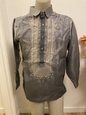Barong Tagalog Men L Organza Gray Embroidery Accent Double Lining.