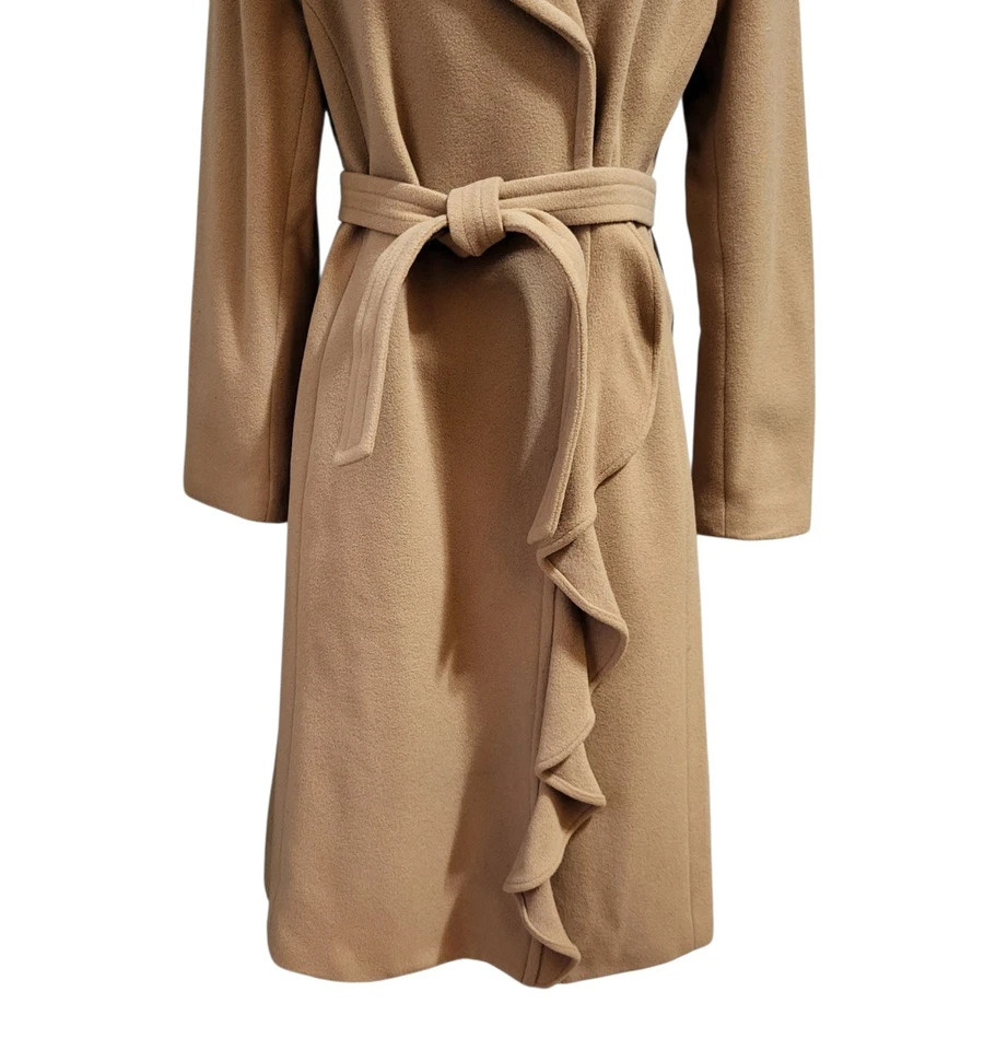 Casaco longo Garnet Hill tamanho 8 lã camelo bronzeado mistura babado cinto clássico - Imagem 3 de 4