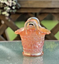 Dugan Marigold Carnival Glass Double-Handled Basket Vase Trinket Bowl Antique