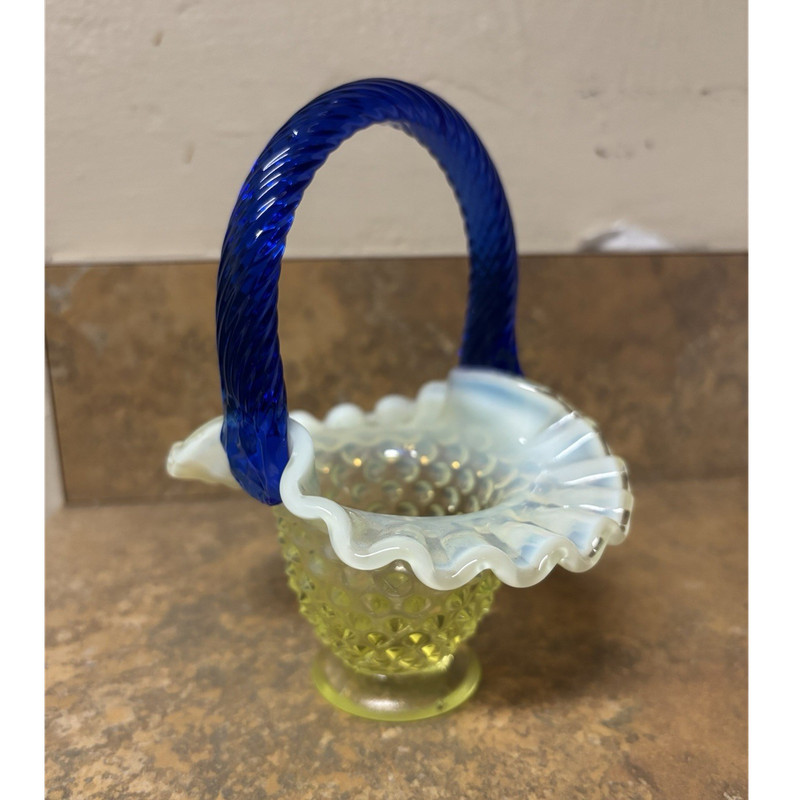 Hobnail Basket with Handle Ruffled Rim Yellow White Blue Vaseline Uranium Glass