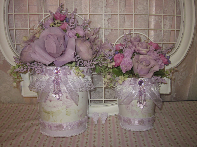 shabby gorgeous set of 2 HP lavender rose & fabric wall/door baskets w/hooks