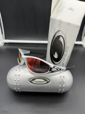 Vintage Oakley Straight Jacket Flame Sunglasses Silver Frame Red Mirrored Lens