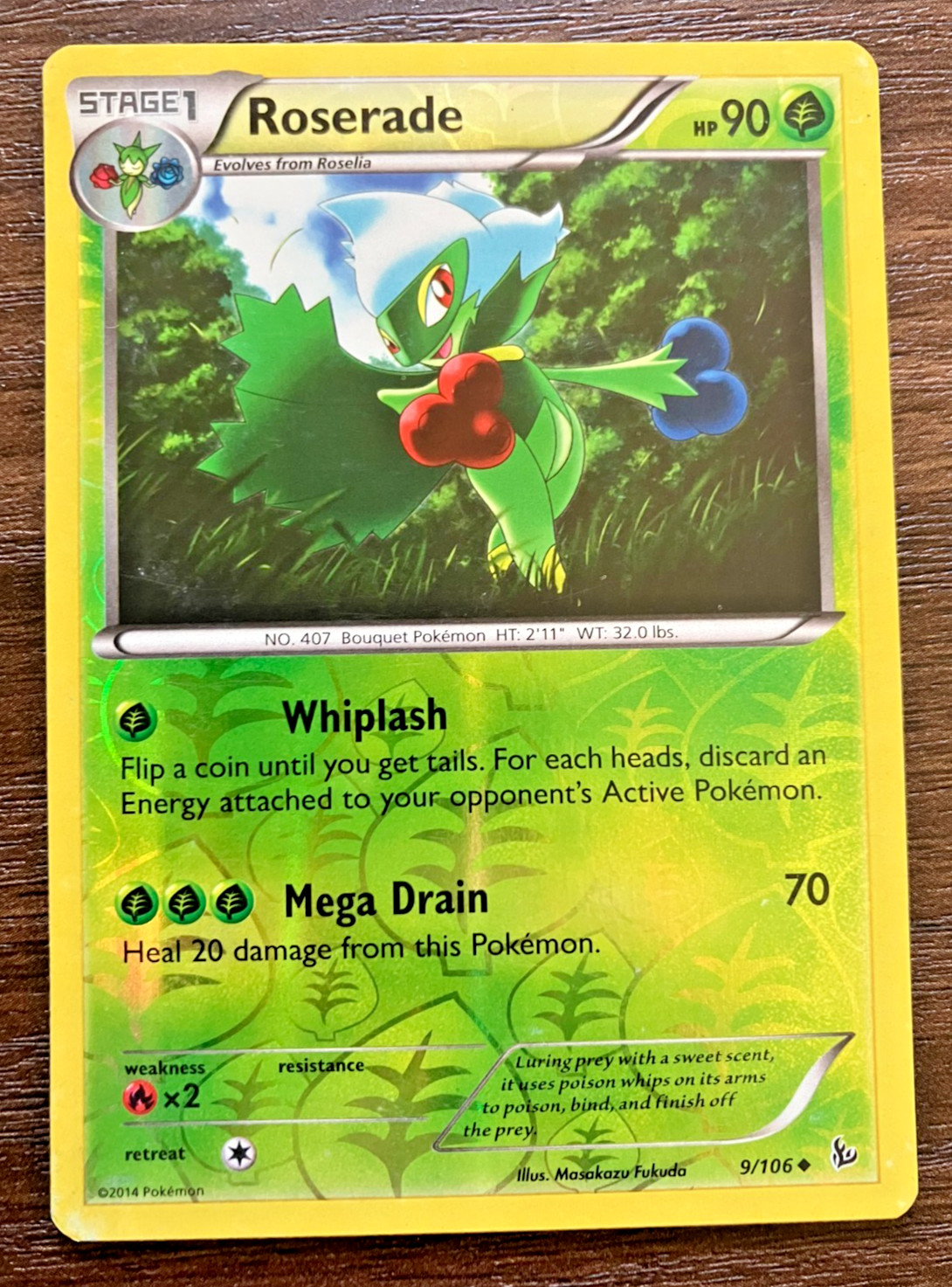 REVERSE HOLO Roserade 9/106 - 2014 Pokemon Flashfire Uncommon Card - PLAY WEAR