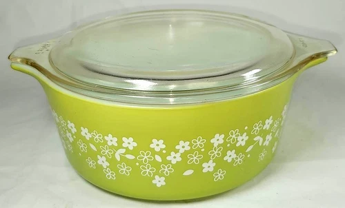 VTG PYREX 472-B 1 1/2-pint Casserole Bowl with Lid Crazy Daisy Avocado Green 6"
